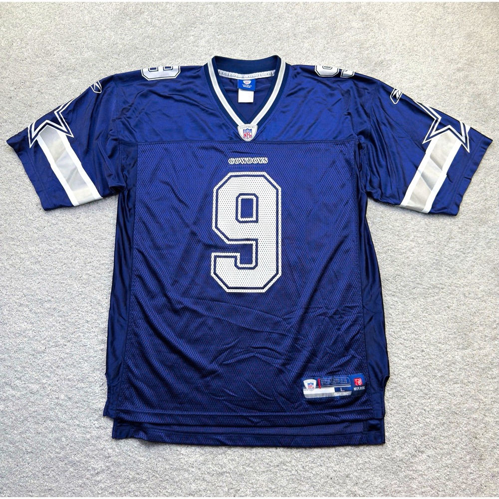 Tony Romo Dallas Cowboys Jersey Mens L Reebok NFL Equipment Navy Blue #9 Y2K